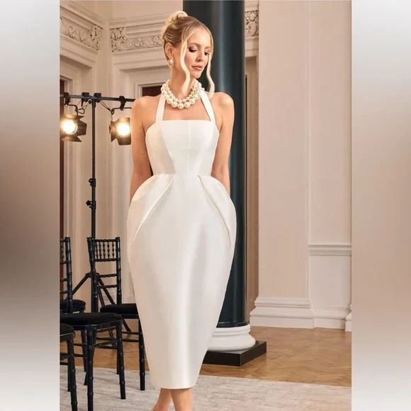 Club L London COSETTA
WHITE HALTER-NECK MIDI DRESS WITH TULIP SKIRT - Picture 8 of 10